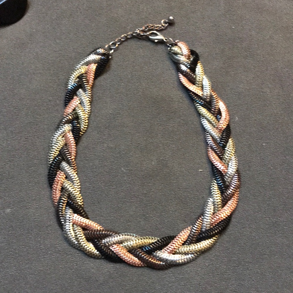 Silver black gold and rose gold braided necklace